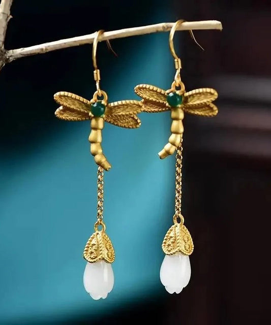 Gold Sterling Silver Overgild Inlaid Jade Tassel Dragonfly Drop Earrings