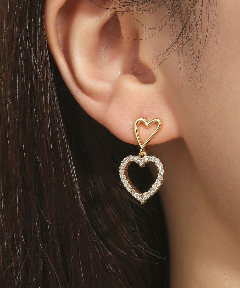 Gold Sterling Silver Overgild Zircon Hollow Out Love Drop Earrings