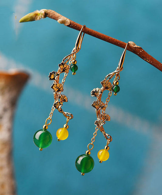 Green Agate the Flowering Branches Shake to Give Notice 14k Gold Drop Earrings