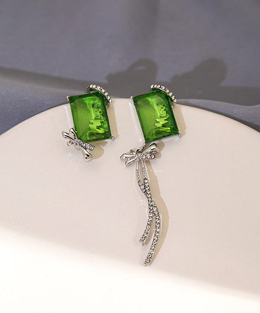 Green Asymmetrical Copper Zircon Gem Stone Butterfly Bow Tassel Drop Earrings