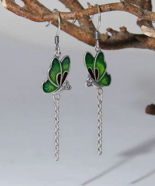 Green Butterfly Patchwork Silver Drop Earrings