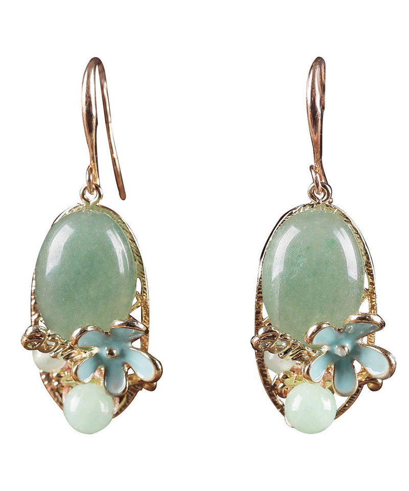 Green Copper Pearl Jade Cloisonne Drop Earrings