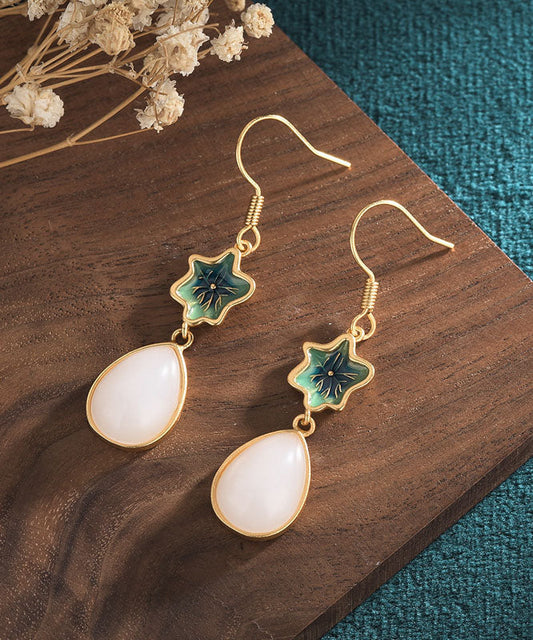 Green Overgild Inlaid Jade Tassel Water Drop Drop Earrings
