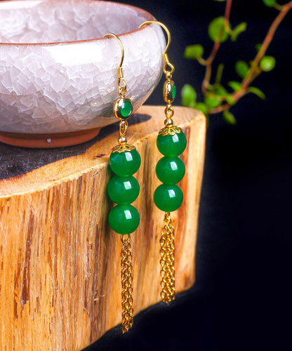 Green Sterling Silver Overgild 14k Gold Jade Tassel Drop Earrings