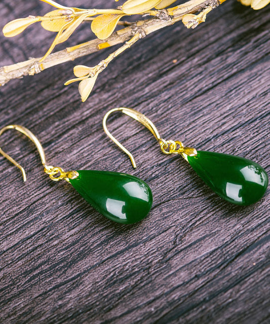 Green Sterling Silver Overgild Jade Water Drops Drop Earrings
