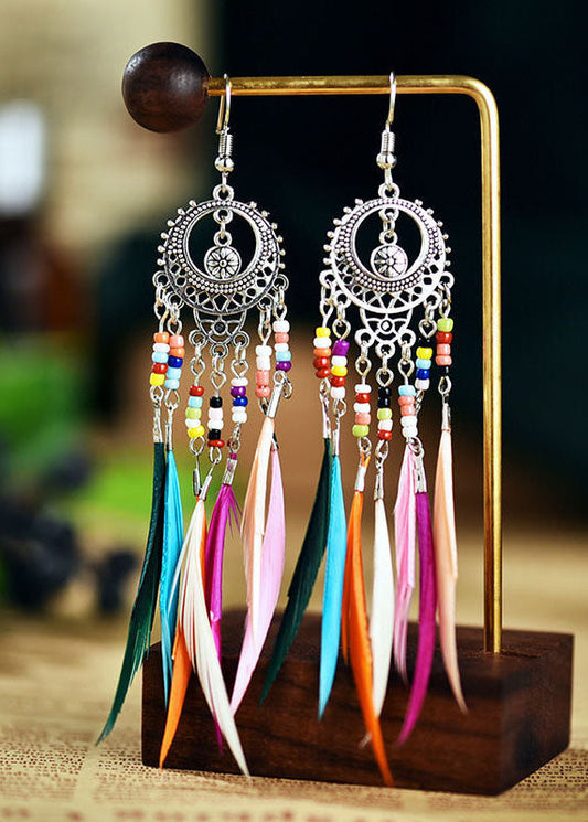 Multicolour Feather Tassel Metal Drop Earrings