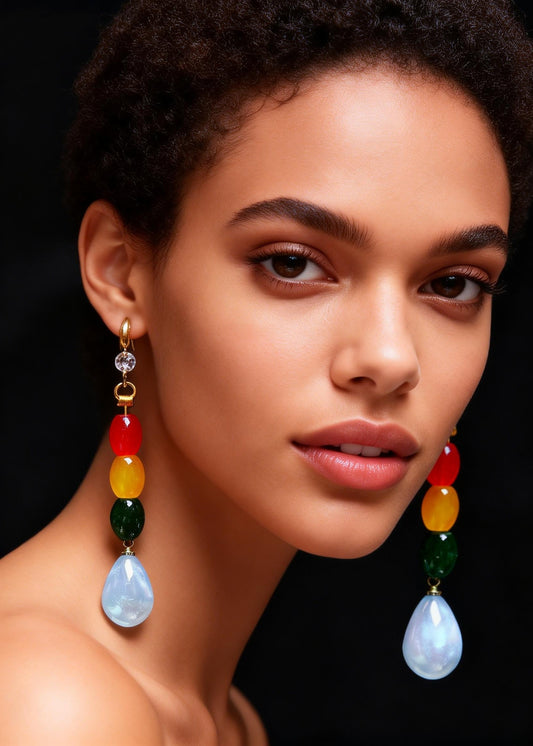 Multicolour Gem Stone Droplet Shape Drop Earrings