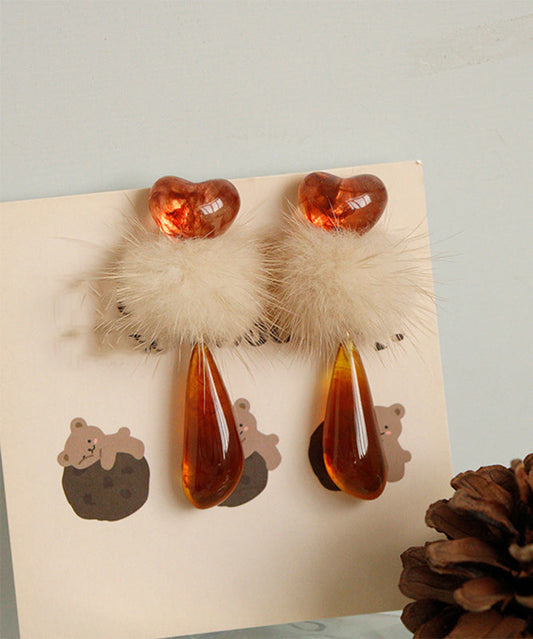 Orange Plastics Resin Fuzzy Ball Decorated Drop Earrings