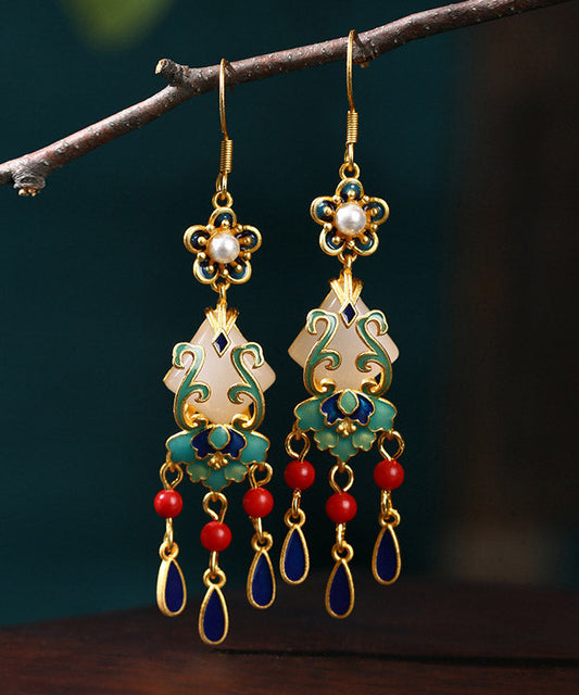Overgild Jade Cloisonne Peal Drop Earrings