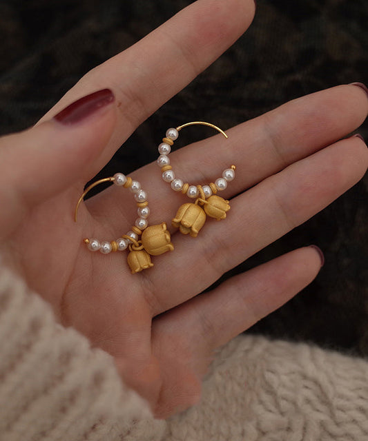 Pearl Patchwork Small Bell 14k Gold Hoop Earrings