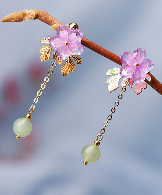 Pink Sun Flower Crystal Fine Jade 14k Gold Tassel Drop Earrings