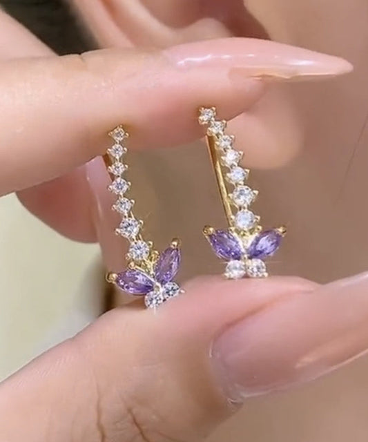 Purple Alloy Zircon Butterfly Stud Earrings