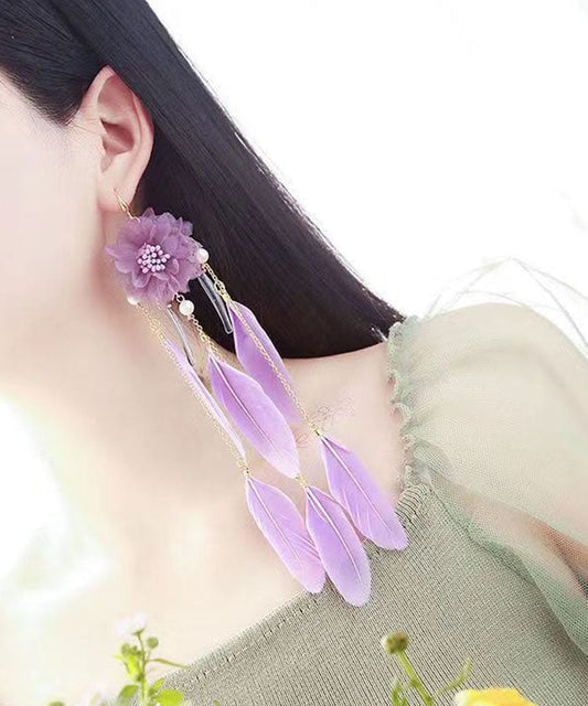Purple Hand Woven Feather Tassel Drop Earrings