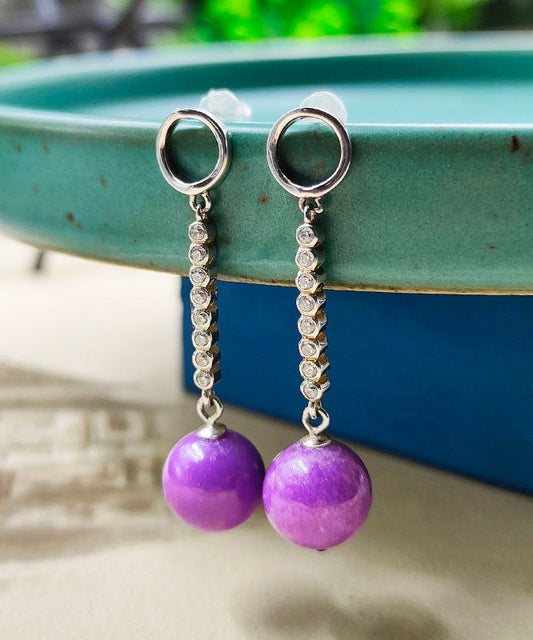 Purple Sterling Silver Inlaid Gem Stone Zircon Drop Earrings
