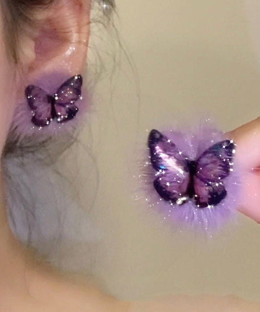 Purple Sterling Silver Overgild Fuzzy Fur Fluffy Butterfly Stud Earrings