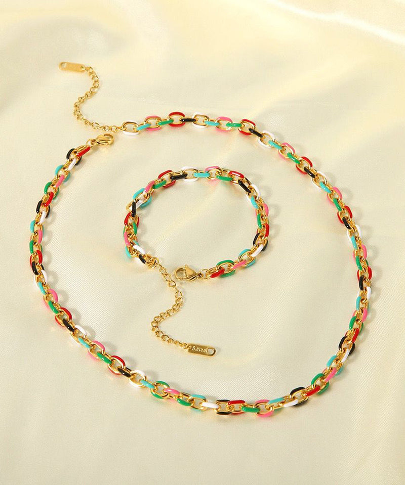 Rainbow Stainless Steel Drip Glaze Enamel Bracelet and Pendant Necklace Two Piece Set