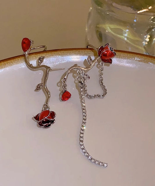 Red Alloy Zircon Crystal Oil Drip Asymmetry Tassel Drop Earrings