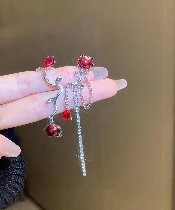 Red Alloy Zircon Crystal Oil Drip Asymmetry Tassel Drop Earrings