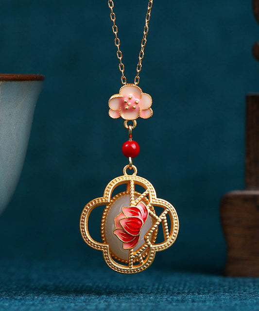 Red Ancient Gold Inlaid Jade Lotus Flower Agate Pendant Necklace Kx1074