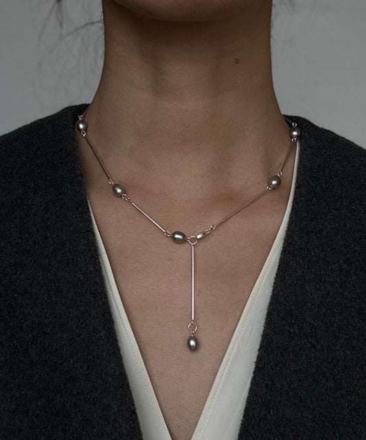 Silk Stainless Steel Pearl Lariat Necklace Qj015