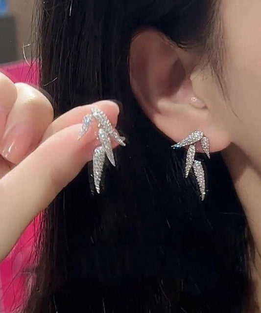 Silk Sterling Silver Bamboo Leaves Stud Earrings