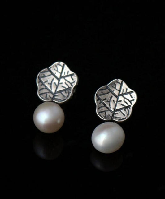 Silk Sterling Silver Pearl Lotus Leaf Stud Earrings