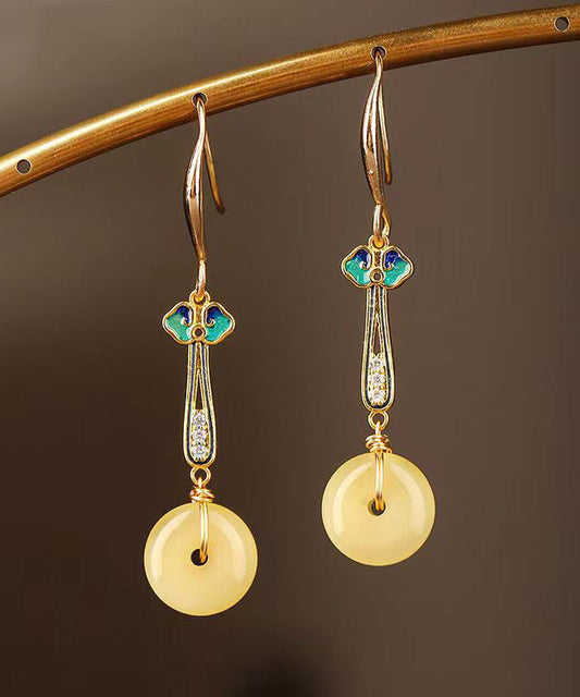 Silver Zircon Yellow Jade Drop Earrings