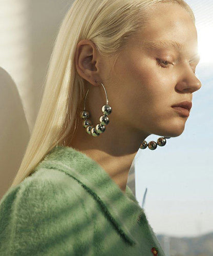 Silvery Round Beads Metal Hoop Earrings