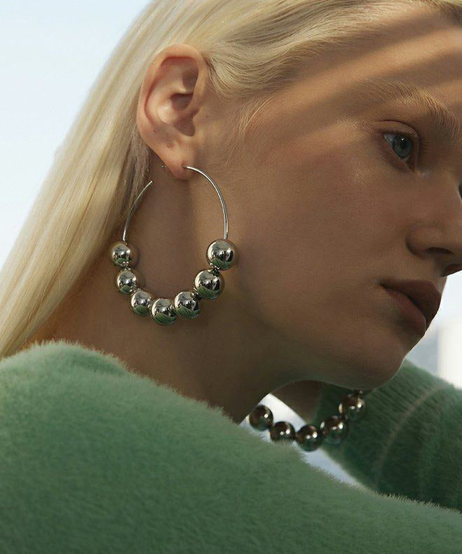 Silvery Round Beads Metal Hoop Earrings