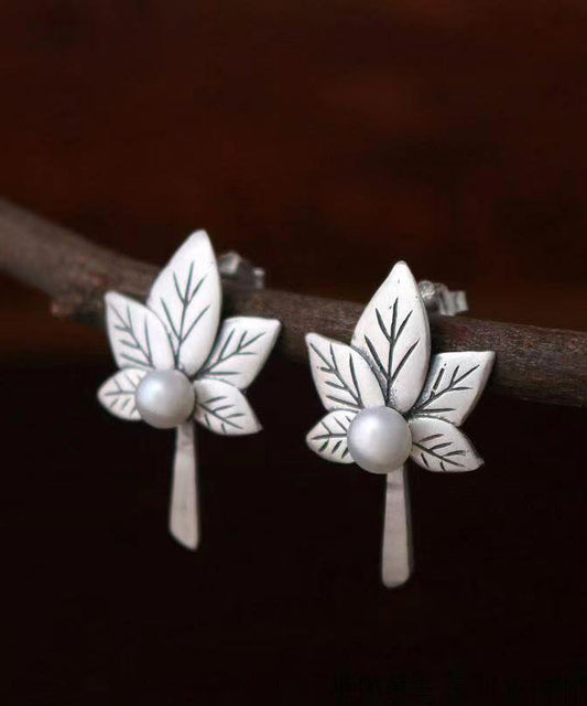 Silver Maple Leaf Nail Bead Stud Earrings