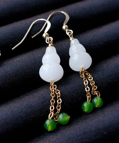 14k Gold Jade Gourd Gem Stone Tassel Drop Earrings