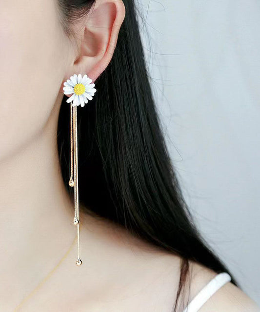 White Alloy Little Daisy Tassel Drop Earrings