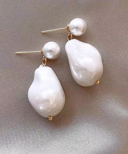 White Copper Overgild Asymmetrical Pearl Drop Earrings