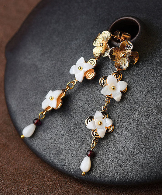 White Shell Flower 14k Gold Drop Earrings