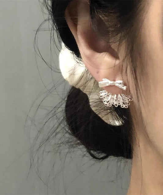 White Sterling Silver Alloy Bow Lace Patchwork Stud Earrings