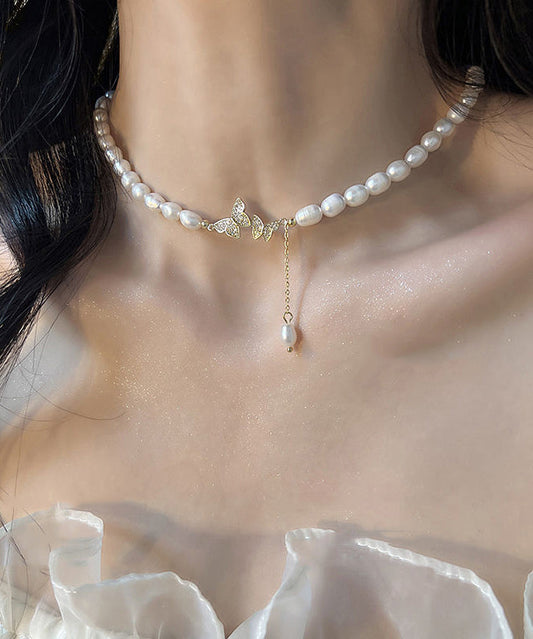White Sterling Silver Alloy Zircon Butterfly Pearl Lariat Necklace Wf023