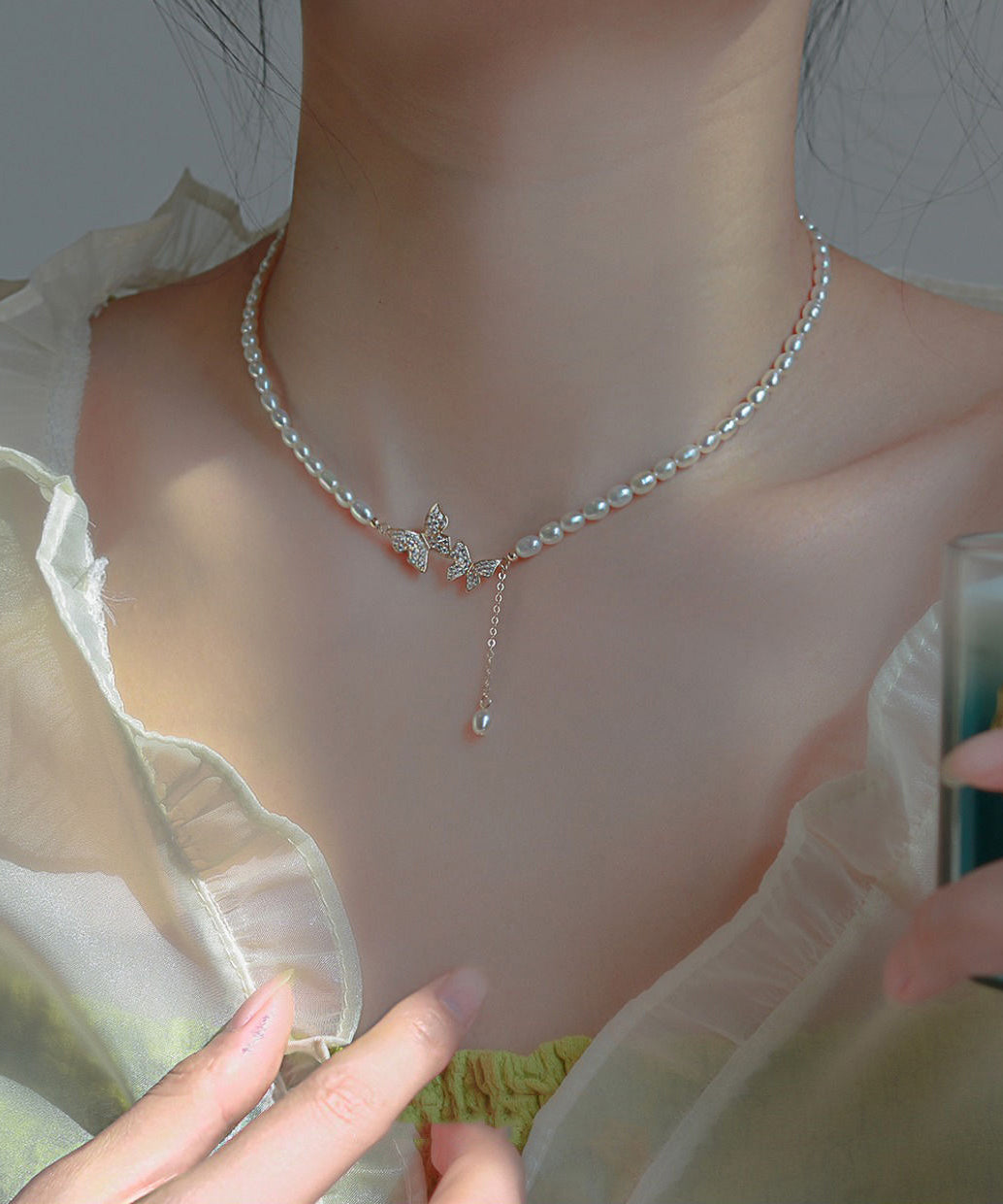 White Sterling Silver Alloy Zircon Butterfly Pearl Lariat Necklace Wf023