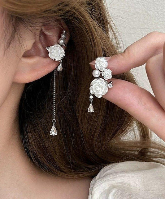 White Sterling Silver Asymmetrical Rose Tassel Drop Earrings