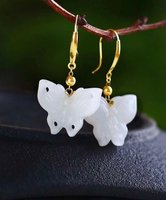 White Sterling Silver Overgild Jade Butterfly Drop Earrings