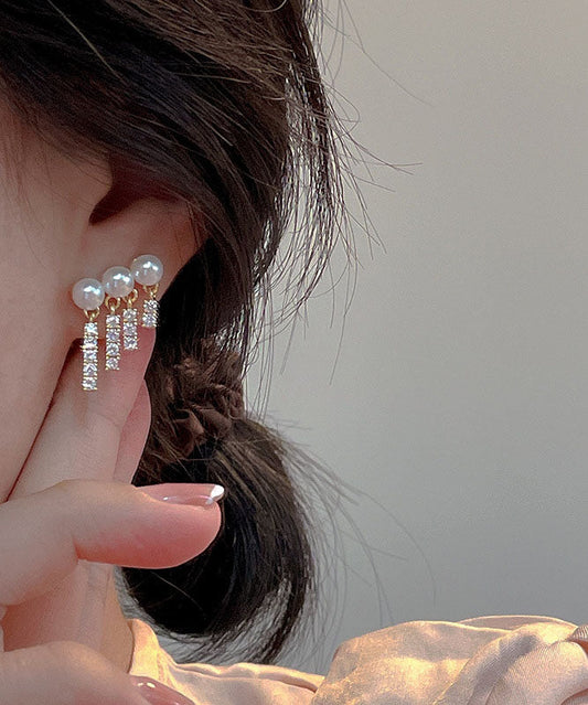 White Sterling Silver Overgild Pearl Zircon Tassel Drop Earrings