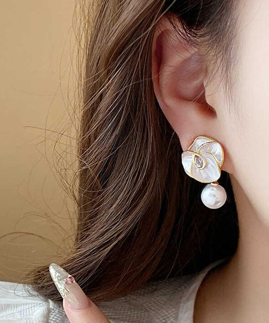 White Sterling Silver Overgild Zircon Pearl Camellia Flower Drop Earrings