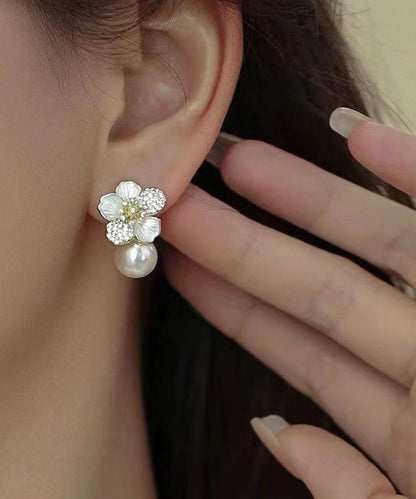 White Sterling Silver Overgild Zircon Pearl Stud Earrings Kx1040