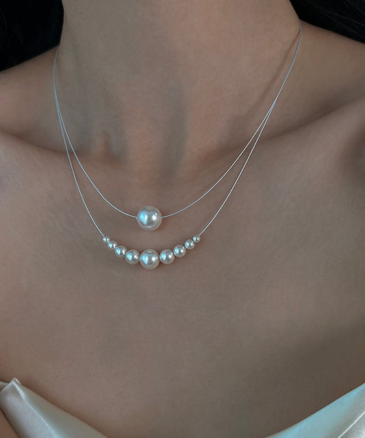 White Sterling Silver Pearl Double Layered Two Piece Set Pendant Necklace Yr013