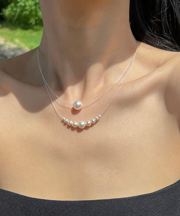 White Sterling Silver Pearl Double Layered Two Piece Set Pendant Necklace Yr013
