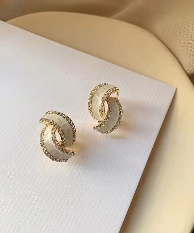 White Sterling Silver Zircon Geometric Double C Hoop Earrings