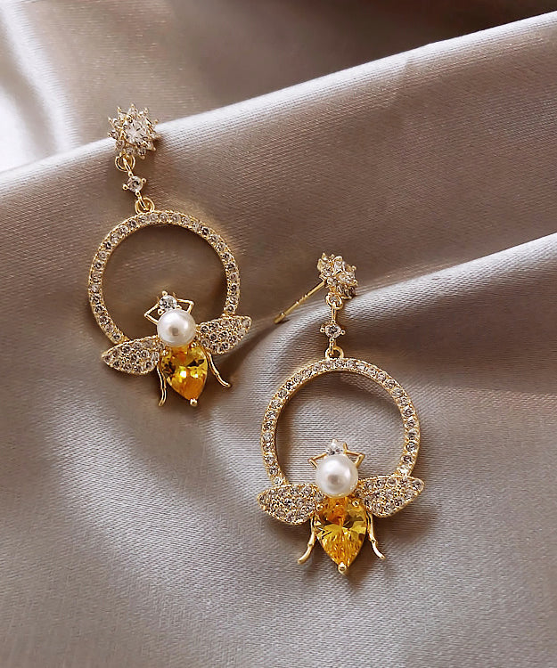 Yellow Alloy Crystal Zircon Bee Hoop Earrings Ly1800