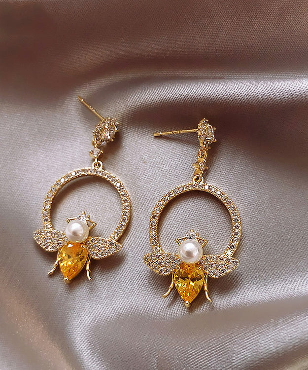 Yellow Alloy Crystal Zircon Bee Hoop Earrings Ly1800