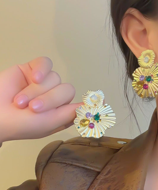 Yellow Alloy Inlaid Pearl Gem Stone Stud Earrings