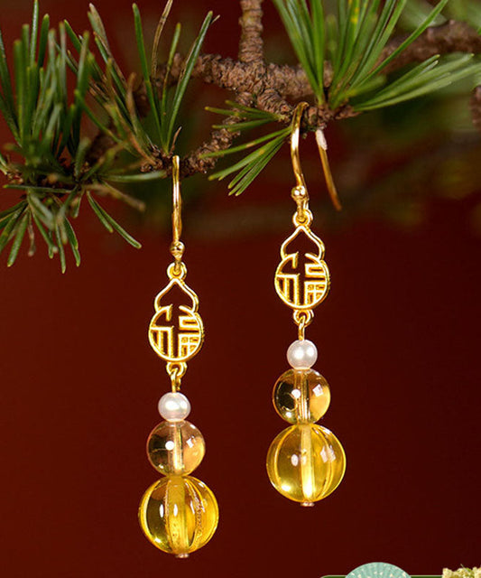 Yellow Sterling Silver Overgild Pearl Crystal Amber Graphic Drop Earrings