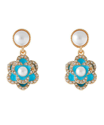 Chinese Style Blue Copper Zircon Pearl Turquoise Camellia Flower Drop Earrings